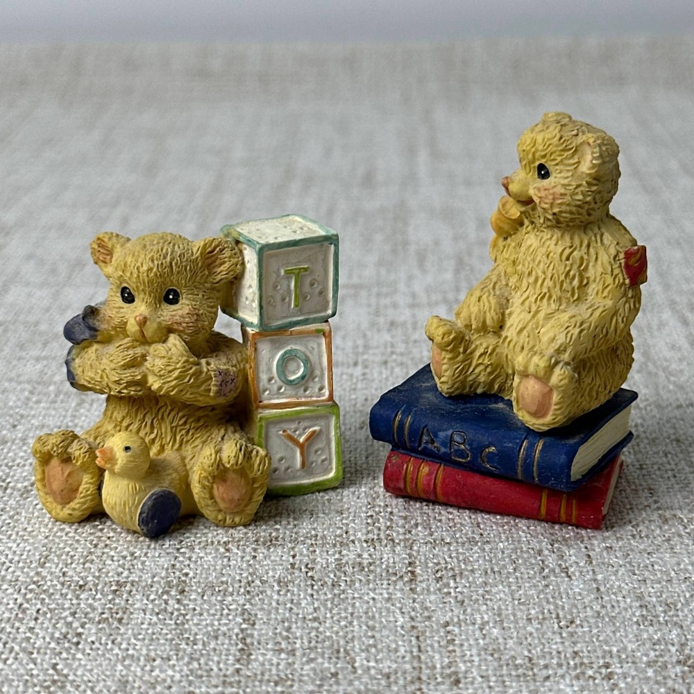 Vintage Miniature Teddy Bear Figurines Toy Blocks Books Resin Pair